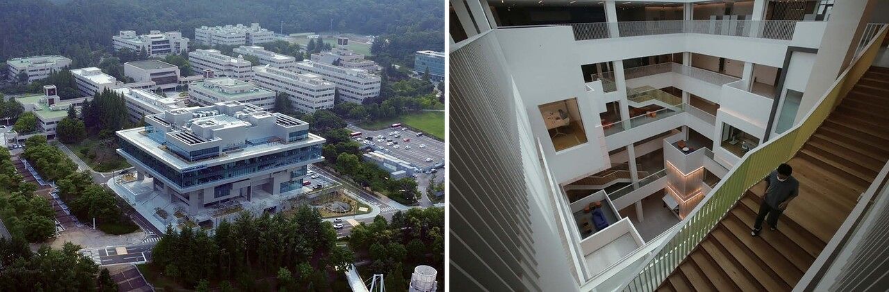 포항시 남구 포스텍 안에 건설된 벤처 인큐베이터센터 체인지업그라운드(왼쪽 앞)와 내부 전경. [중앙포토]