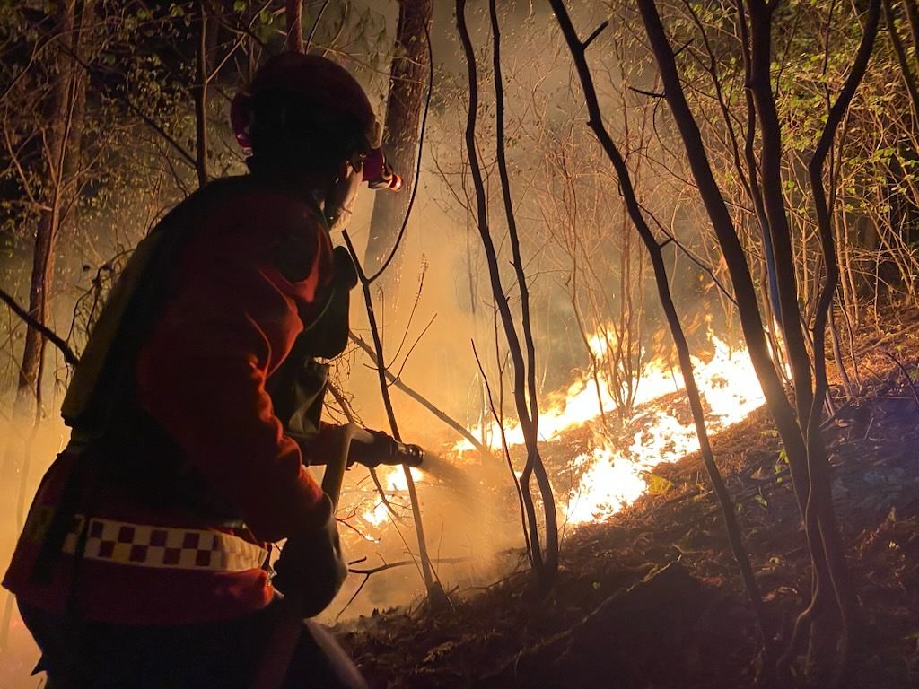 25일 밤 강원 영월군 무릉도원면 법흥리에서 발생한 야간 산불 현장에서 진화대원이 불길을 잡고 있다. 뉴스1.