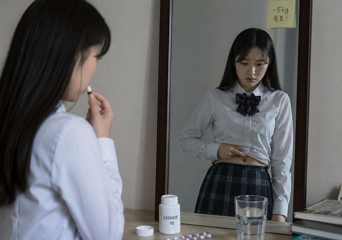 체중 스트레스로 인해 다이어트 약 복용을 고민하는 여학생의 모습을 표현한 생성형 AI 이미지. 챗gpt