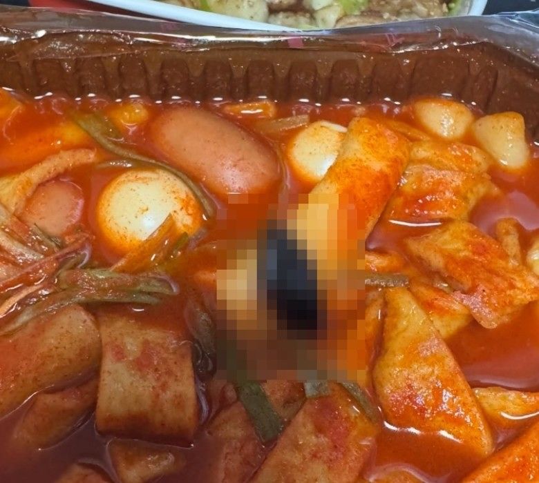 네티즌 A씨가 최근 분식 프랜차이즈 ‘삼첩분식’에서 주문한 떡볶이에서 바퀴벌레가 나왔다며 공개한 사진. 사진 스레드 캡처