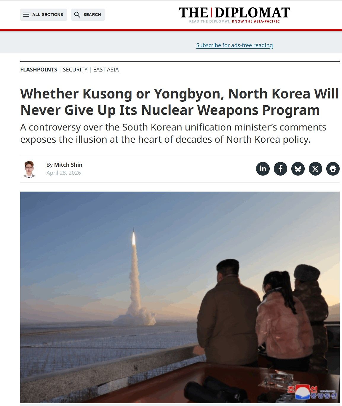 미국의 외교안보 전문 매체 ‘더 디플로맷’은 28일(현지시간) ‘구성이든 영변이든 북한은 결코 핵무기 프로그램을 포기하지 않을 것’이라는 제목의 글을 통해 북한 비핵화는 현실적으로 달성하기 어려운 상황이 됐다며 군축 합의론을 제안했다. 사진 더 디플로맷 홈페이지 캡처