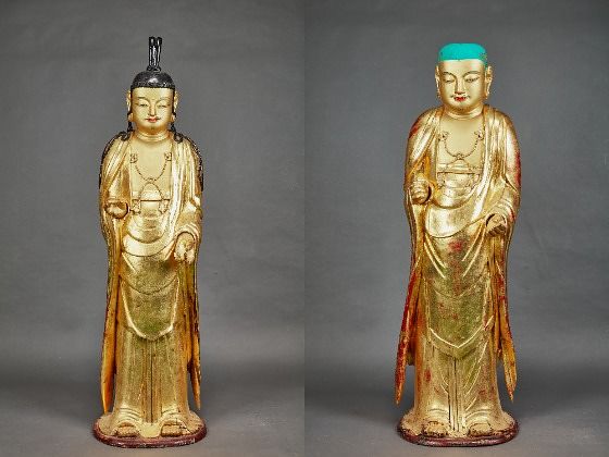 국가유산청이 30일 국가지정 문화유산 보물로 지정 예고한 ‘완주 위봉사 목조관음보살입상(왼쪽) 및 지장보살입상’. 사진 국가유산청