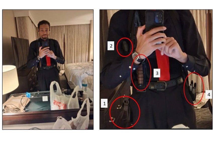 29일(현지시간) 미국 법무부가 법원에 제출한 자료에 포함된 사진으로 콜 토마스 앨런이 지난 25일 워싱턴의 호텔 객실 안에서 휴대전화로 거울 셀카를 촬영하는 모습(왼쪽)과 이를 보정한 이미지(오른쪽). 로이터=연합뉴스