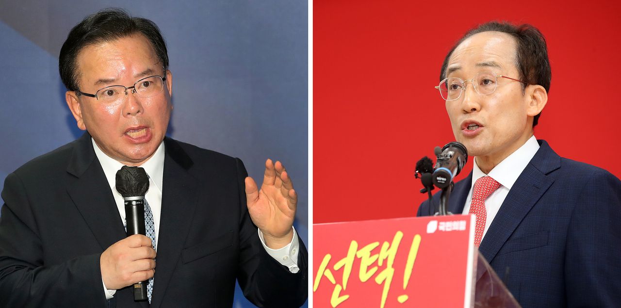 6·3 지방선거에서 김부겸 더불어민주당 후보와 추경호 국민의힘 후보가 대구시장 자리를 놓고 맞붙게 됐다.   26일 오후 선거사무소 개소식에서 연설하는 김부겸 예비후보(왼쪽)와 이날 오전 국민의힘 대구시당에서 후보 수락 연설을 하는 추경호 예비후보. 뉴스1