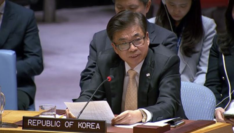 차지훈 주유엔 한국대사가 지난달 30일(현지시간) 뉴욕의 유엔본부에서 열린 북한 비확산 공개회의에서발언하고 있다. 유엔 웹TV 캡처