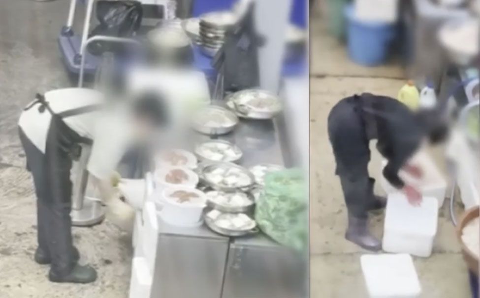 씻은 얼음을 스트로폼 상자에 넣는 모습(왼쪽)과 스트로폼 상자에 들어있던 얼음을 손질한 생선 위에 넣는 모습. 사진 JTBC 사건반장 캡처