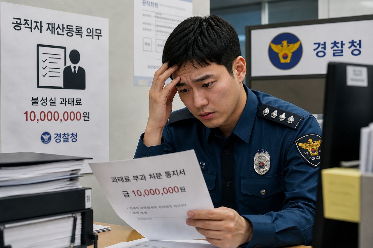 경찰은 공직자윤리법에 따라 경사 계급 이상 재산등록 의무가 있다. 올해 재산등록 불성실 등으로 과태료 부과 대상자가 된 숫자가 지난해에 비해 28배 급증했다. 실무자인 경사 계급의 젊은 경찰관이 재산등록 의무 위반으로 과태료 처분을 받아 곤란해하는 모습을 생성형 AI로 제작한 사진. 챗GPT