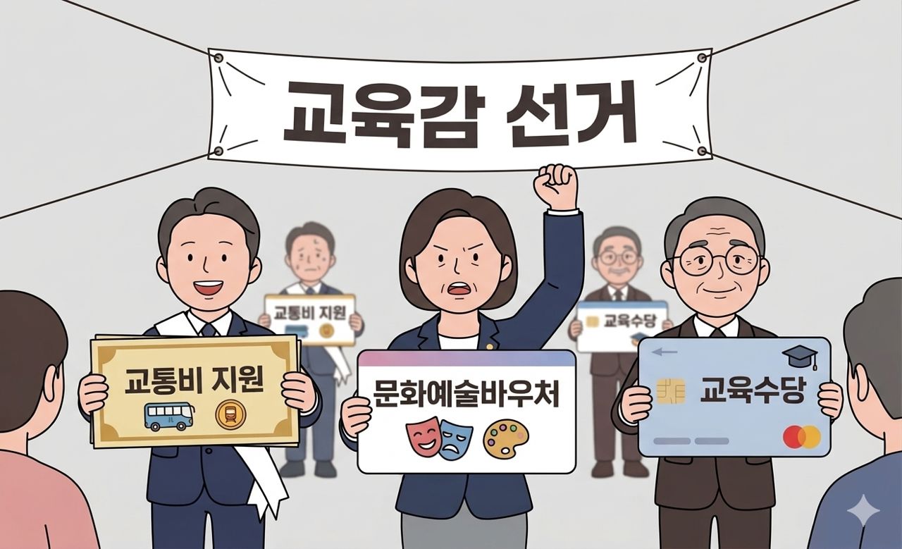 교육감 선거에서 후보들이 각종 현금성 공약을 발표하는 모습을 담은 일러스트. 구글 제미나이