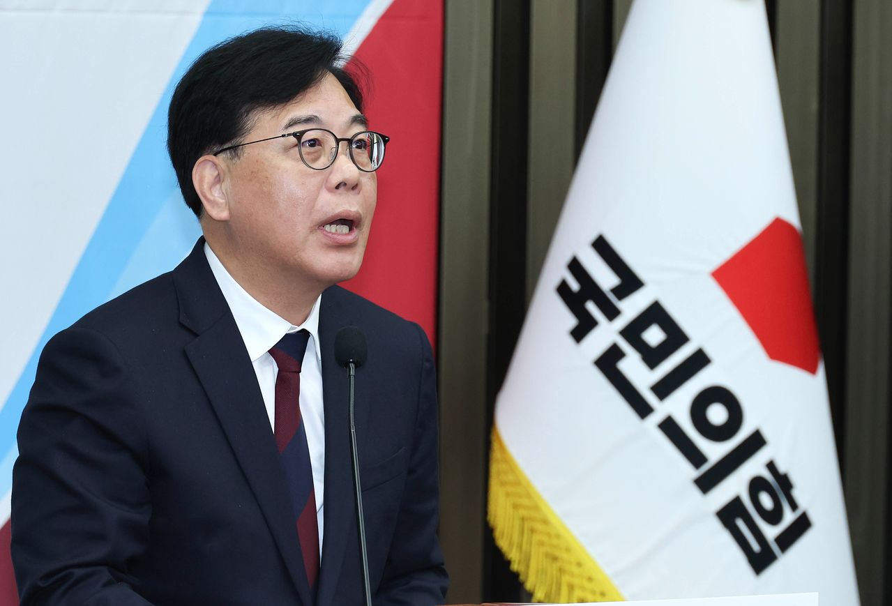 송언석 국민의힘 의원이 13일 국회에서 열린 제22대 국회 후반기 국회부의장 후보자 선출 의원총회에서 발언하고 있다. 임현동 기자