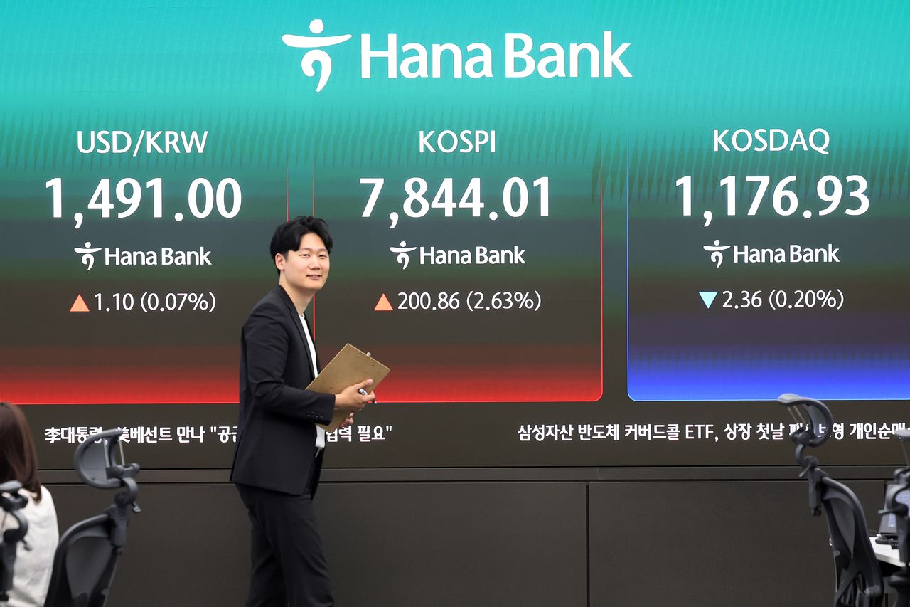 코스피가 종가 기준 최고치를 경신한 13일 오후 서울 중구 하나은행 딜링룸 전광판에 코스피가 전 거래일 보다 200.86 포인트(2.63%) 오른 7844.01 포인트를 나타내고 있다. 원달러 환율은 1.10원(0.07%) 오른 1491.00원, 코스닥 지수는 2.36 포인트(0.20%) 내린 1176.93 포인트. 뉴시스