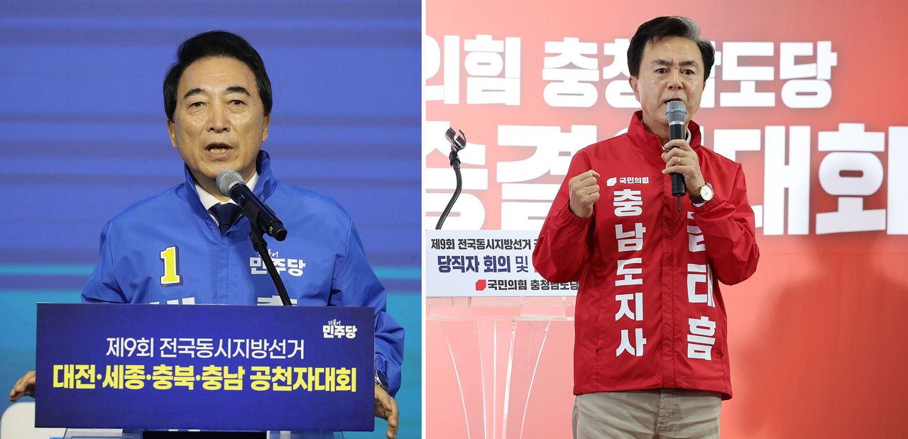 박수현 더불어민주당 충남지사 후보가 지난 12일 충북 청주시 엔포드호텔에서 열린 9회 전국동시지방선거 대전·세종·충북·충남 공천자대회에서 승리 각오를 발표하고 있다. 뉴스1 국민의힘 김태흠 충남도지사 후보가 지난 12일 충남 천안시 김태흠 충남지사 후보 선거사무소에서 열린 제9회 전국동시지방선거 충남도당 당직자 회의 및 필승결의대회에서 발언하고 있다. 연합뉴스