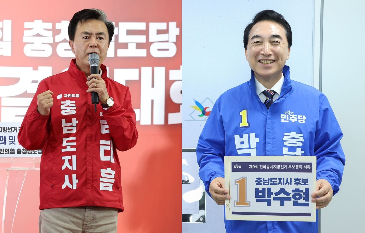 김태흠(왼쪽) 국민의힘 후보와 박수현 더불어민주당 후보. 연합뉴스