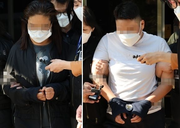 약물을 탄 술로 남편을 살해하려 한 혐의를 받는 태권도장 직원(왼쪽)과 공범 관장이 지난 9일 오후 구속 전 피의자 심문(영장실질심사)이 끝난 뒤 인천지법 부천지원을 나서고 있다. 연합뉴스