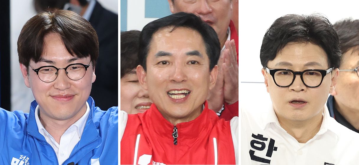 부산 북갑 국회의원 보궐선거에 출마한 하정우 더불어민주당ㆍ박민식 국민의힘ㆍ한동훈 무소속 후보(왼쪽부터). 송봉근 객원기자, [뉴스1, 뉴시스]