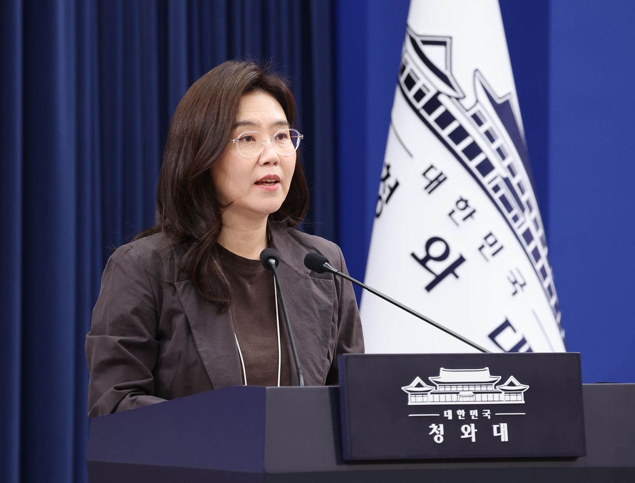 강유정 청와대 수석대변인이 17일 오후 청와대 춘추관에서 국정현안 관련 브리핑을 하고 있다. [청와대사진기자단]
