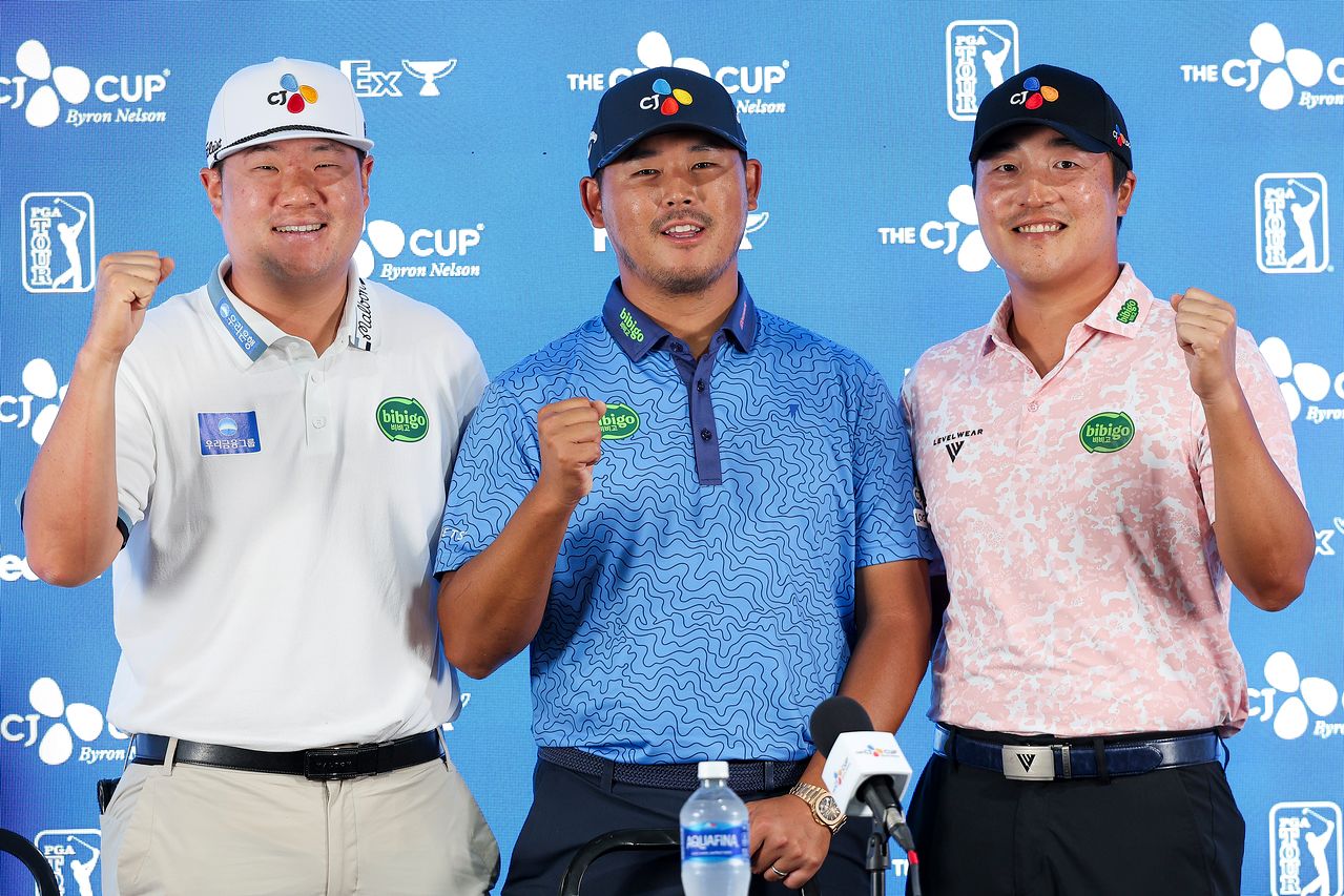 임성재와 김시우, 이경훈(왼쪽부터)가 19일 열린 PGA 투어 더CJ컵 바이런 넬슨 공식 기자회견에서 각오를 말하고 있다. 사진 CJ그룹