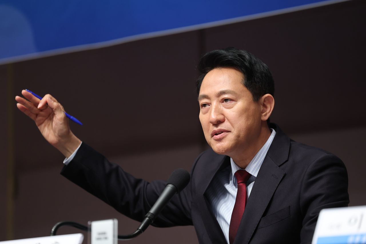 국민의힘 오세훈 서울시장 후보가 20일 서울 중구 프레스센터에서 열린 관훈토론회에서 발언하고 있다. 연합뉴스