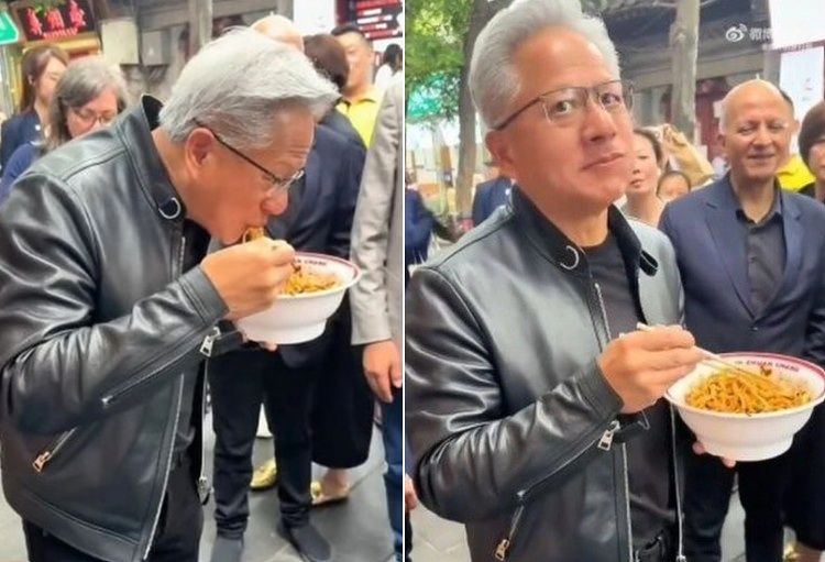젠슨 황 엔비디아 최고경영자(CEO)가 중국 베이징 한 식당 앞에서 볶음면을 먹고 있는 모습. 사진 웨이보 캡처
