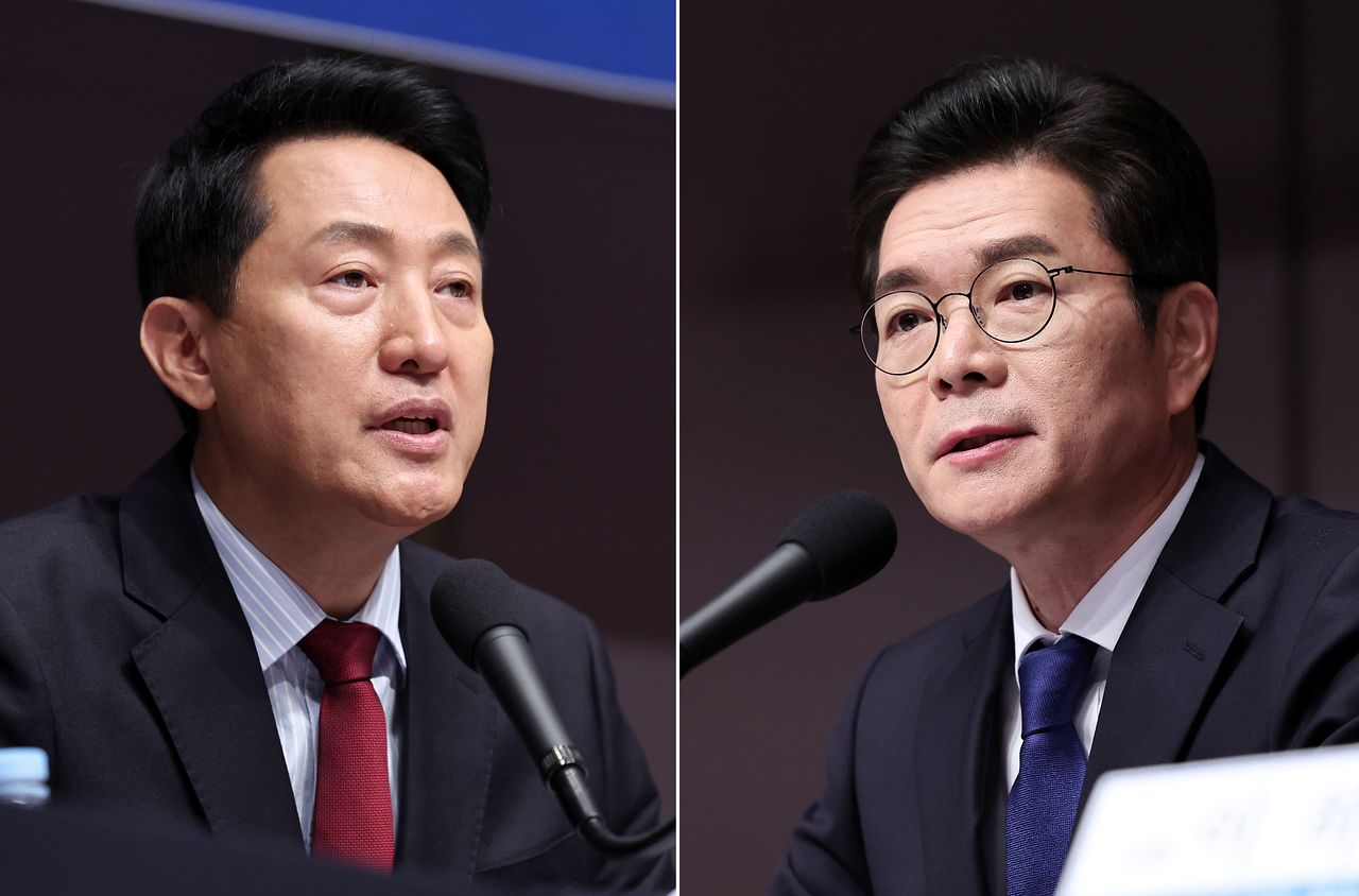 오세훈 국민의힘 서울시장 후보(왼쪽)와 정원오 더불어민주당 서울시장 후보(왼쪽)가 20일 오전 서울 중구 한국프레스센터에서 열린 관훈클럽 초청 토론회에서 각각 발언하고 있다. 뉴스1