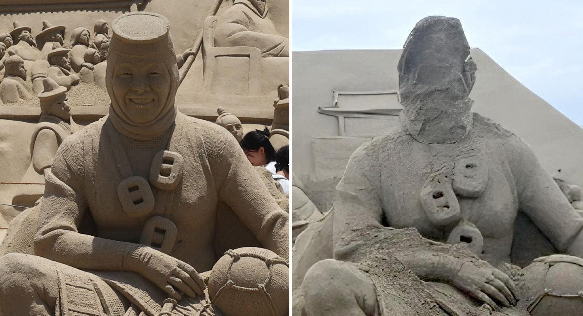 부산 해운대해수욕장 백사장에서 전시 중인 ‘바다의 어머니들’(왼쪽). 오늘쪽은 훼손된 모습. 뉴스1·온라인커뮤니티