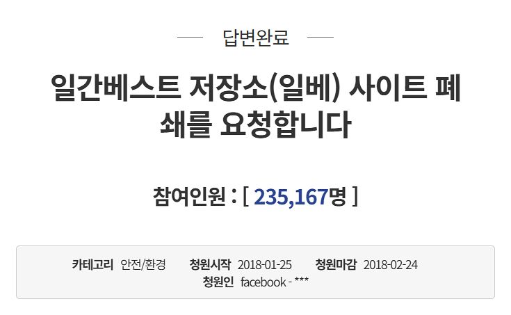 2018년 1월 '일베 폐쇄'를 요청하는 국민청원. 사진 청와대 홈페이지 캡처