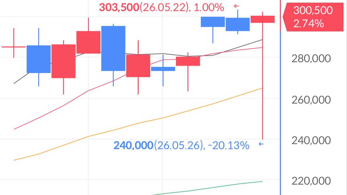 26일 오전 8시 프리마켓 개장 직후 삼성전자가 전 거래일 보다 20% 가까이 급락한 24만원에 거래됐다. 넥스트레이드 측은 ″주문 실수로 추정된다″고 밝혔다. 오전 11시 30분 삼성전자는 다시 30만원대에 거래되고 있다. 사진 증권사 앱 캡처