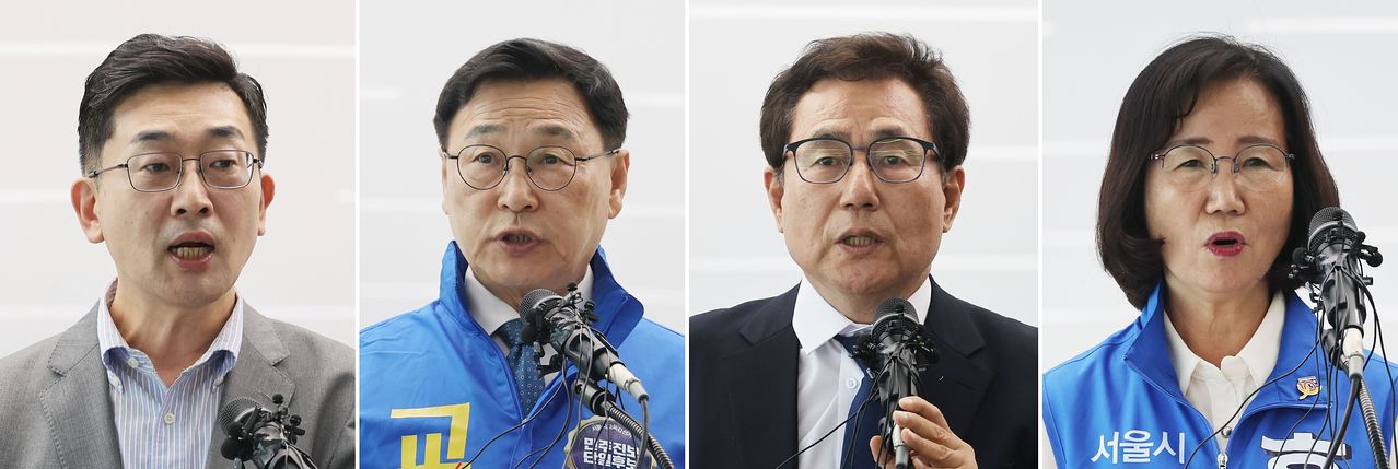 이학인(왼쪽 사진부터), 정근식, 한만중, 홍제남 서울시교육감 후보가 26일 서울 용산구 서울시교육청에서 공약 발표를 하고 있다. 연합뉴스