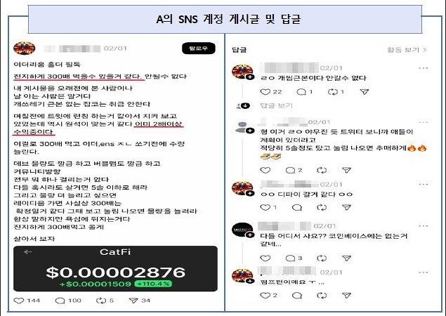 인플루언서 A씨가 자신이 코인 발행과 무관한 투자자인 것처럼 행세하며 "300배 먹을 수 있다"는 글을 올려 투자자들의 매수를 유도한 SNS 글. 서울남부지검 제공