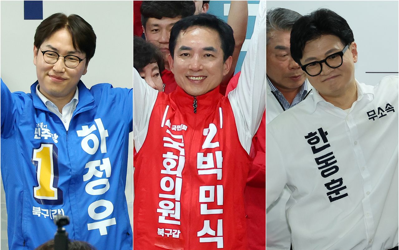 부산 북갑 보궐 선거에 나온 더불어민주당 하정우, 국민의힘 박민식, 무소속 한동훈 후보(왼쪽부터). 연합뉴스