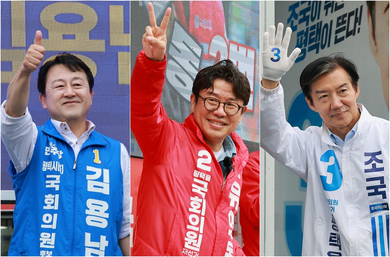 김용남 더불어민주당 경기평택을 국회의원 재선거 후보(왼쪽부터), 유의동 국민의힘 경기평택을 국회의원 재선거 후보, 조국 조국혁신당 경기평택을 국회의원 재선거 후보가 21일 경기도 평택시 안중시장 인근 및 KTX 경기남부역사 예정 부지 앞에서 각각 공식선거운동 출정식을 갖고 있다. [뉴스1]