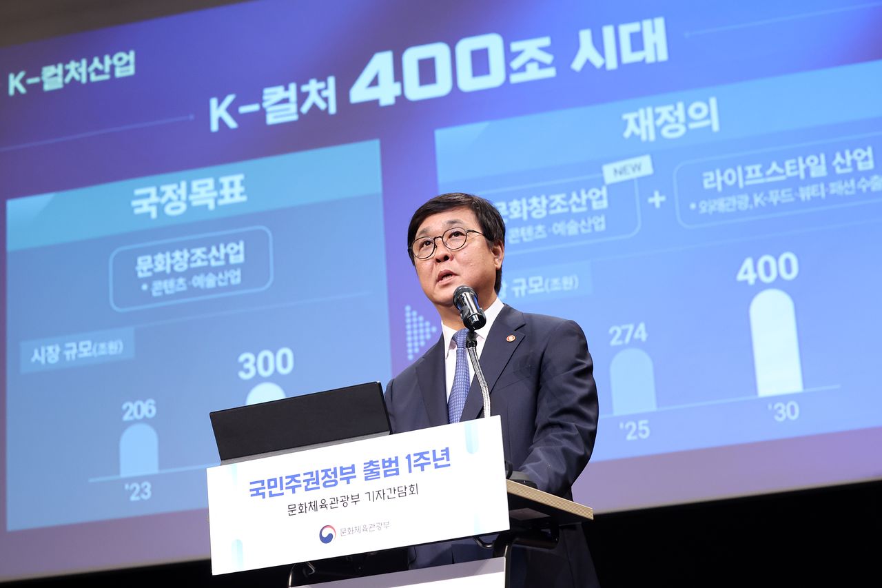 최휘영 문화체육관광부 장관이 28일 서울 종로구 국립현대민술관 다원공간에서 국민주권정부출범 1주년 문화체육관광부 기자간담회를 갖고 주요 성과와 향후 계획 등을 발표하고 있다. 뉴시스