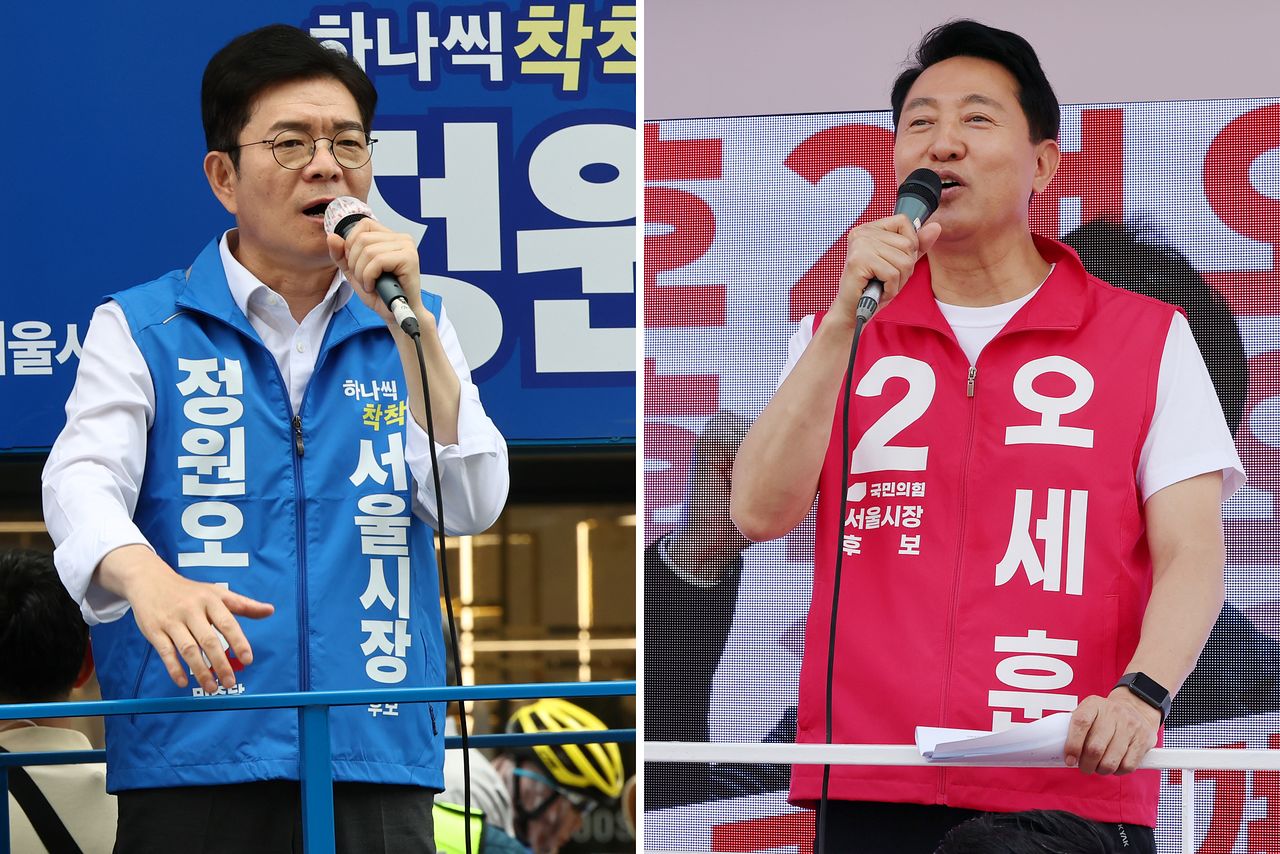 정원오(왼쪽) 더불어민주당, 오세훈 국민의힘 서울시장 후보가 25일 각각 서울 양천구 현대백화점 목동점 앞, 도봉구 홈플러스 방학점 앞에서 지지를 호소하고 있다. 뉴스1