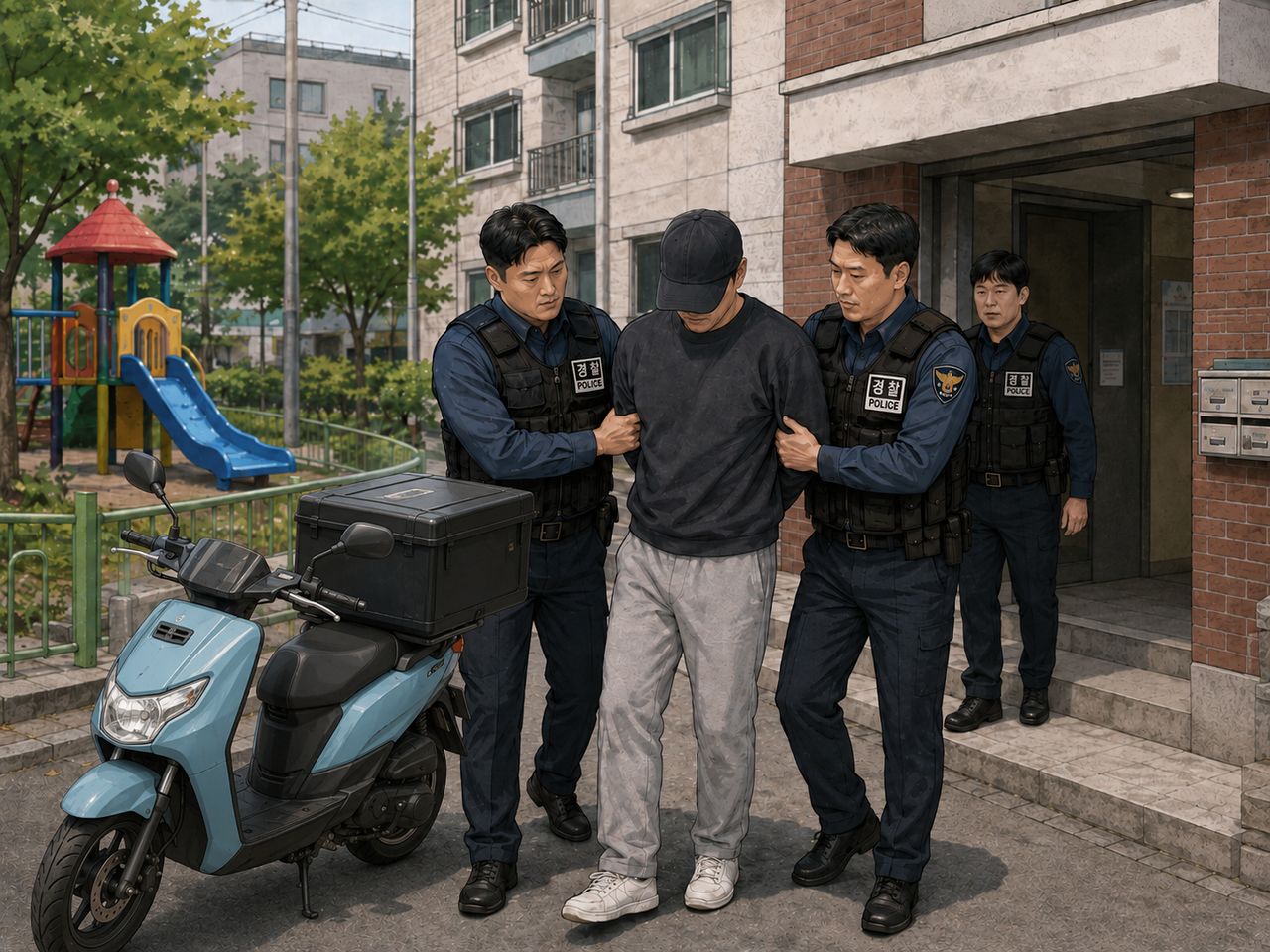 경찰이 수배 상태였던 보이스피싱 조직원을 추적해 검거하는 모습을 인공지능(AI)으로 생성한 이미지. 일러스트 챗GPT