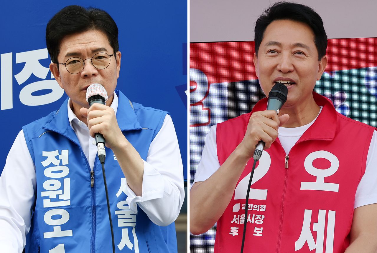 6·3 지방선거 서울시장 선거에 출마한 정원오(왼쪽) 더불어민주당 후보와 오세훈 국민의힘 후보가 지난 25일 각각 서울 양천구 현대백화점 목동점 앞, 도봉구 홈플러스 방학점 앞에서 지지를 호소하고 있다. 뉴스1