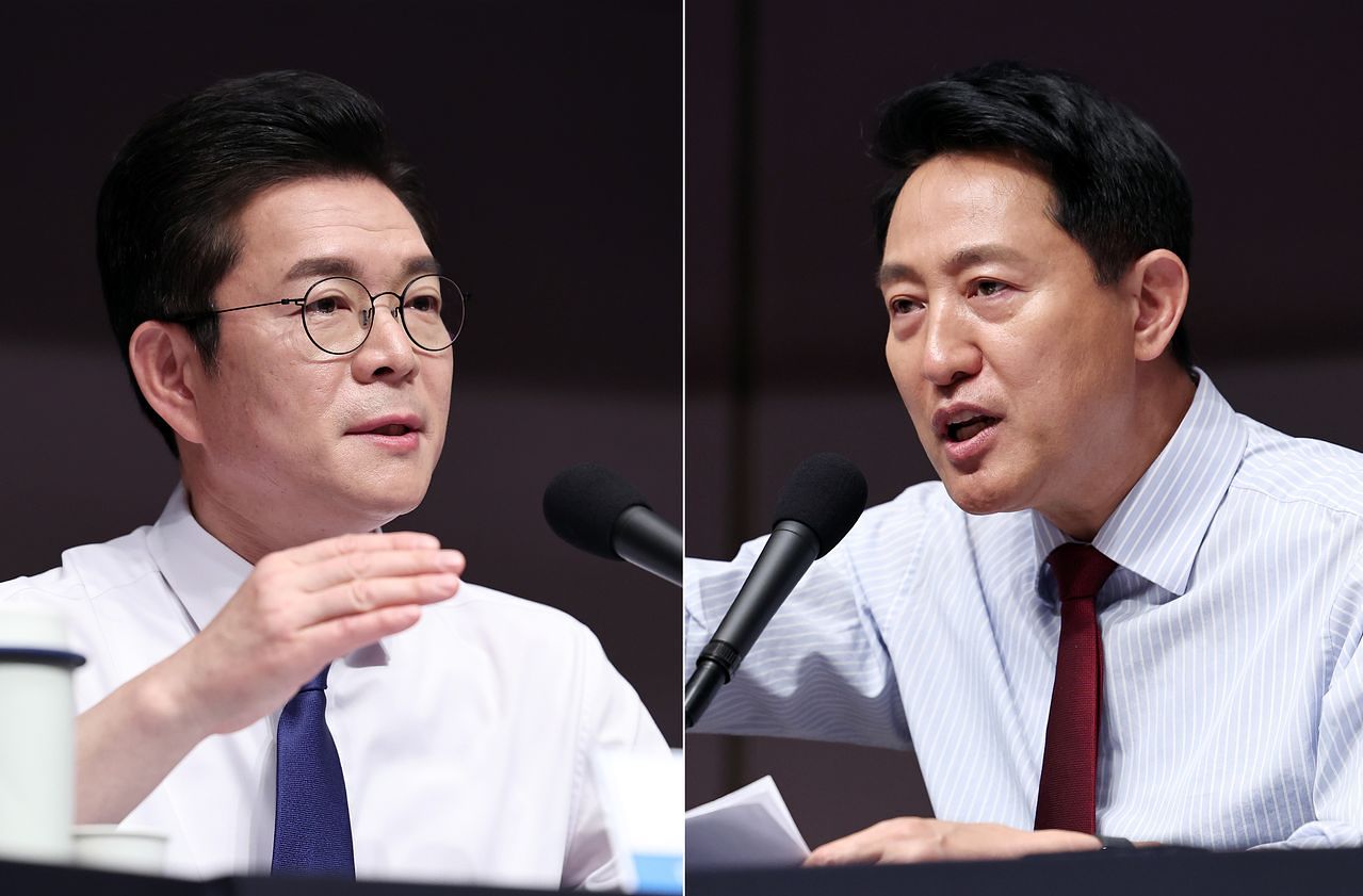 정원오 더불어민주당 서울시장 후보(왼쪽)와 오세훈 국민의힘 서울시장 후보가 지난 20일 오전 서울 중구 한국프레스센터에서 열린 관훈클럽 초청 토론회에서 각각 발언하고 있다. [뉴스1]
