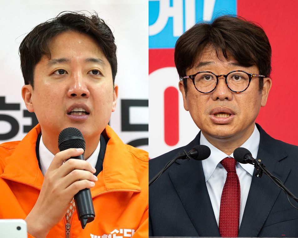  이준석 개혁신당 대표가 21일 경기 화성시 전성균 화성시장 후보 선거사무실에서 열린 현장 중앙선대위원회의 및 경기도 선대위 출정식에서 모두 발언을 하고 있다. 오른쪽은 28일 서울 여의도 중앙당사에서 황교안 자유와혁신 후보와의 단일화를 촉구하는 기자회견을 하고 있는 유의동 국민의힘 경기 평택시을 국회의원 후보. 뉴스1