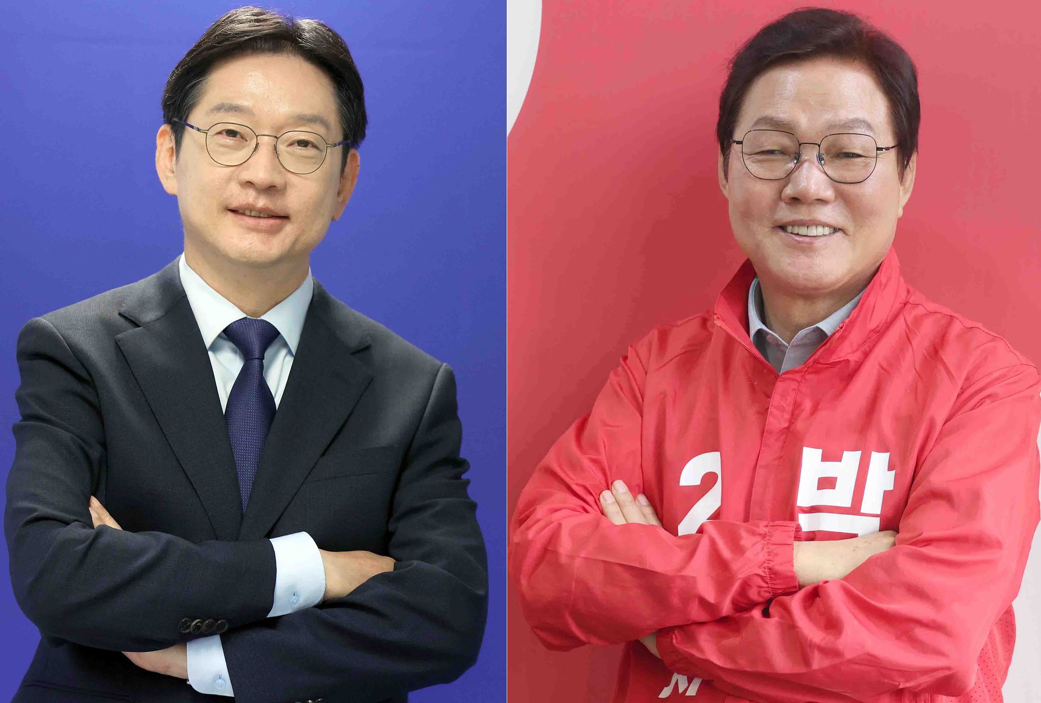 김경수 더불어민주당 경남지사 후보와 박완수 국민의힘 후보(기호순)가 경남 창원시 성산구 각 후보의 캠프에서 최근 연합뉴스와 진행한 인터뷰에 앞서 사진 촬영하는 모습. 연합뉴스