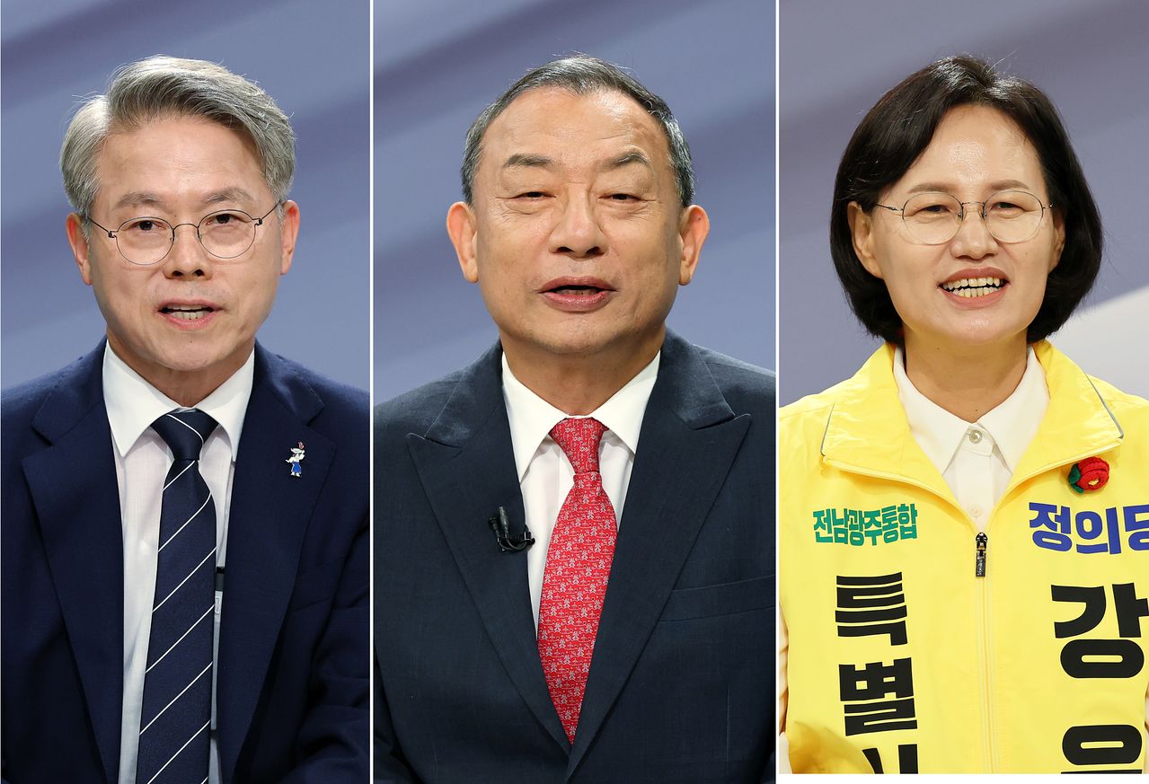 지난 28일 광주 서구 KBS광주방송총국 공개홀에서 열린 전남광주통합특별시장 선거 후보자 초청 토론회에서 더불어민주당 민형배(왼쪽부터), 국민의힘 이정현, 정의당 강은미 후보가 발언하고 있다. 연합뉴스
