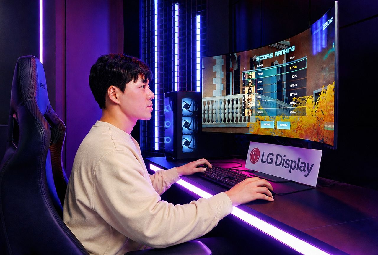 LG디스플레이 모델이 게이밍 OLED를 체험하고 있는 모습. 사진 LG디스플레이