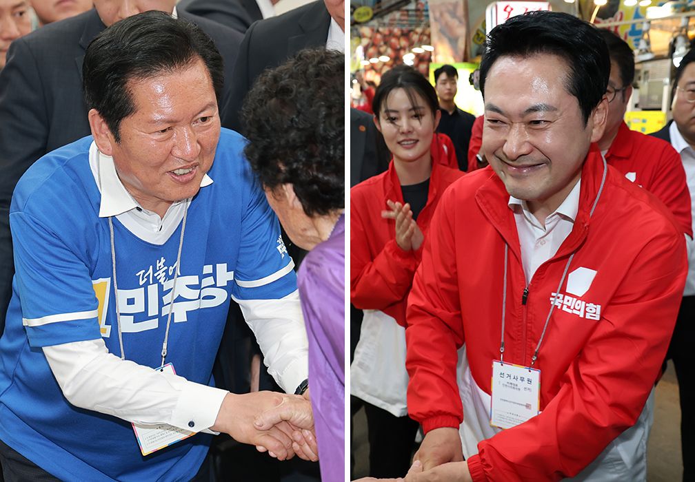 정청래 더불어민주당(왼쪽 사진)·장동혁 국민의힘 대표가 24일 각각 전남 광양 옥곡5일장과 인천 옥련시장을 찾아 지원 유세를 하고 있다. 
