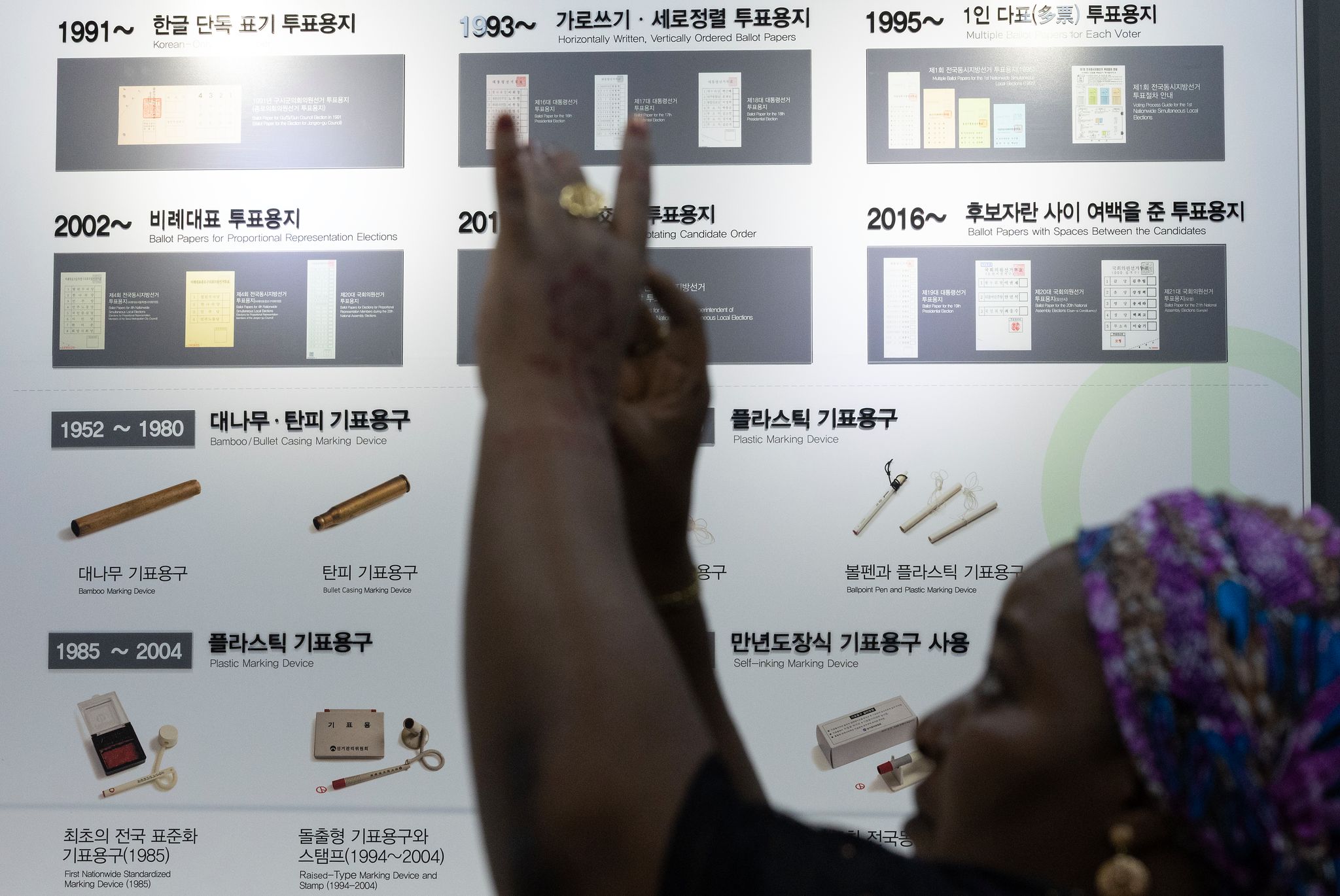 국제선거참관단이 전시 자료를 촬영하고 있다.