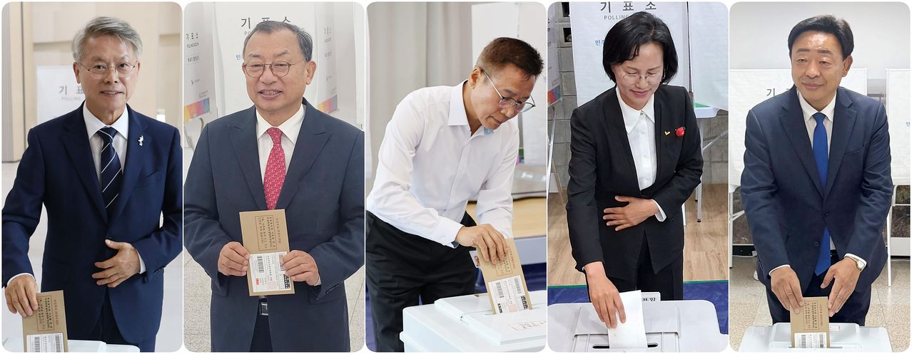 전남광주통합특별시장 후보들이 6·3 지방선거 사전투표 첫날인 지난달 29일 오전 소중한 한표를 행사하고 있다. 왼쪽부터 민형배 더불어민주당, 이정현 국민의힘, 이종욱 진보당, 강은미 정의당, 김광만 무소속 후보. 뉴시스