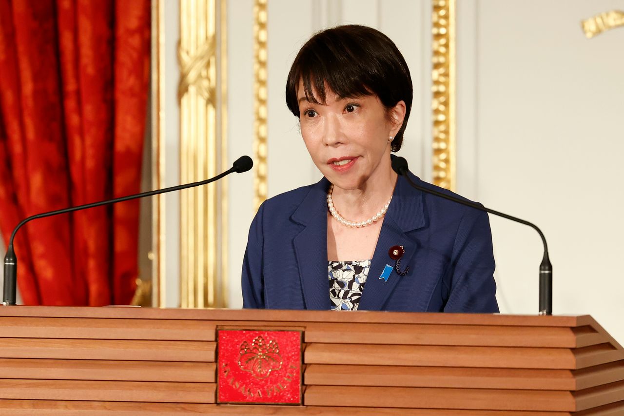 2026년 5월 28일 목요일, 아카사카 영빈관에서 열린 페르디난드 마르코스 주니어 필리핀 대통령과의 공동 기자회견에서 발언하는 다카이치 사나에 일본 총리. AP=연합뉴스