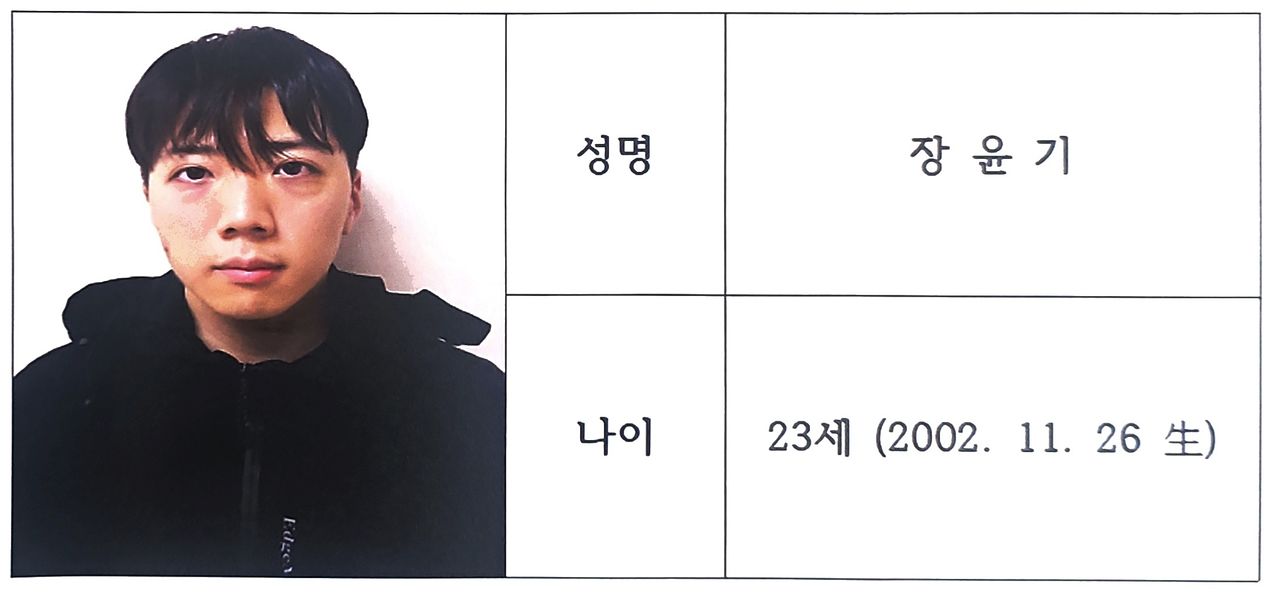 장윤기(23)의 머그샷(mug shot·범죄자 인상착의 기록사진). 사진 광주경찰청