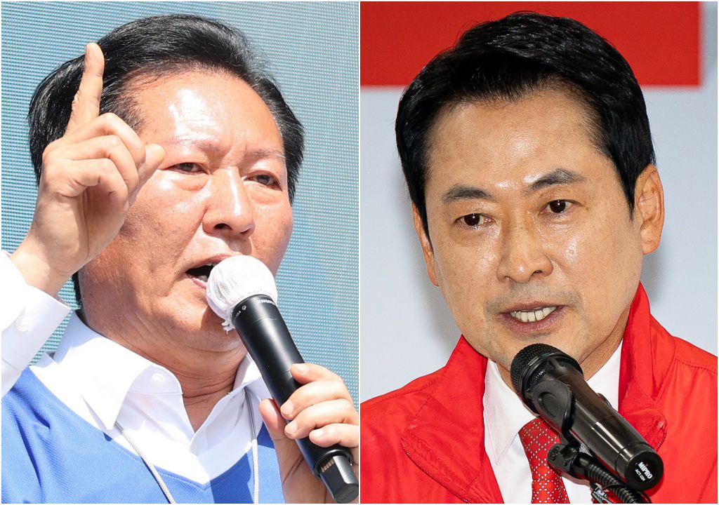 정청래(왼쪽) 더불어민주당 대표와 장동혁 국민의힘 대표가 지난달 25일 각각 전북 전주시 전북대학교 구정문 앞과 대구 수성구 국민의힘 대구시당에서 열린 대구·경북 공동 비전선포식에서 인사말을 하고 있다. 뉴스1
