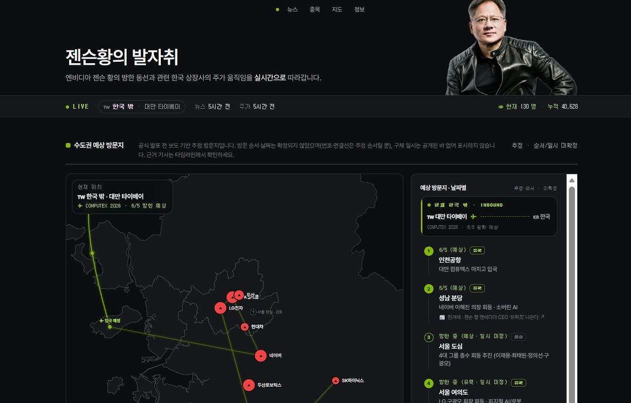 젠슨 황 엔비디아 최고경영자(CEO)의 국내 동선과 관련 기업의 주가를 실시간으로 보여주는 민간 제작 인터넷 웹사이트 '젠슨 황의 발자취'. 홈페이지 캡처. 
