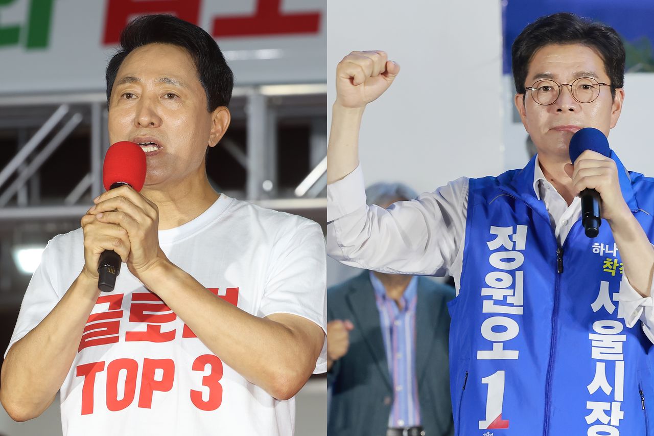 여야 서울시장 후보가 2일 마지막 유세를 펼치고 있다. 오세훈(왼쪽) 국민의힘 후보와 정원오 더불어민주당 후보 모습. 연합뉴스