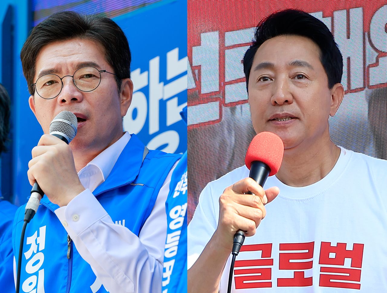 정원오 더불어민주당(왼쪽), 오세훈 국민의힘 서울시장 후보가 지 2일 각각 서울 영등포구, 용산구 일대에서 시민들에게 지지를 호소하고 있다. 뉴스1