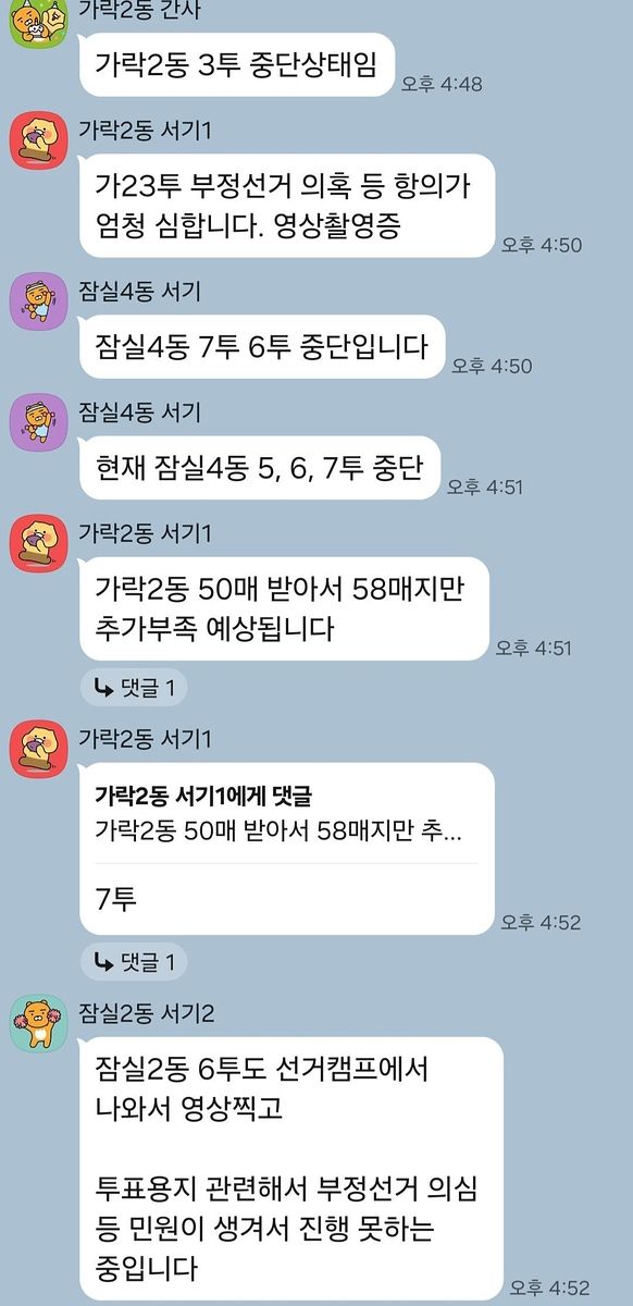 서울 송파구 공무원들과 선거관리위원회 공무원이 함께 개설한 단체 카카오톡 대화방. 사진 전국공무원노동조합 