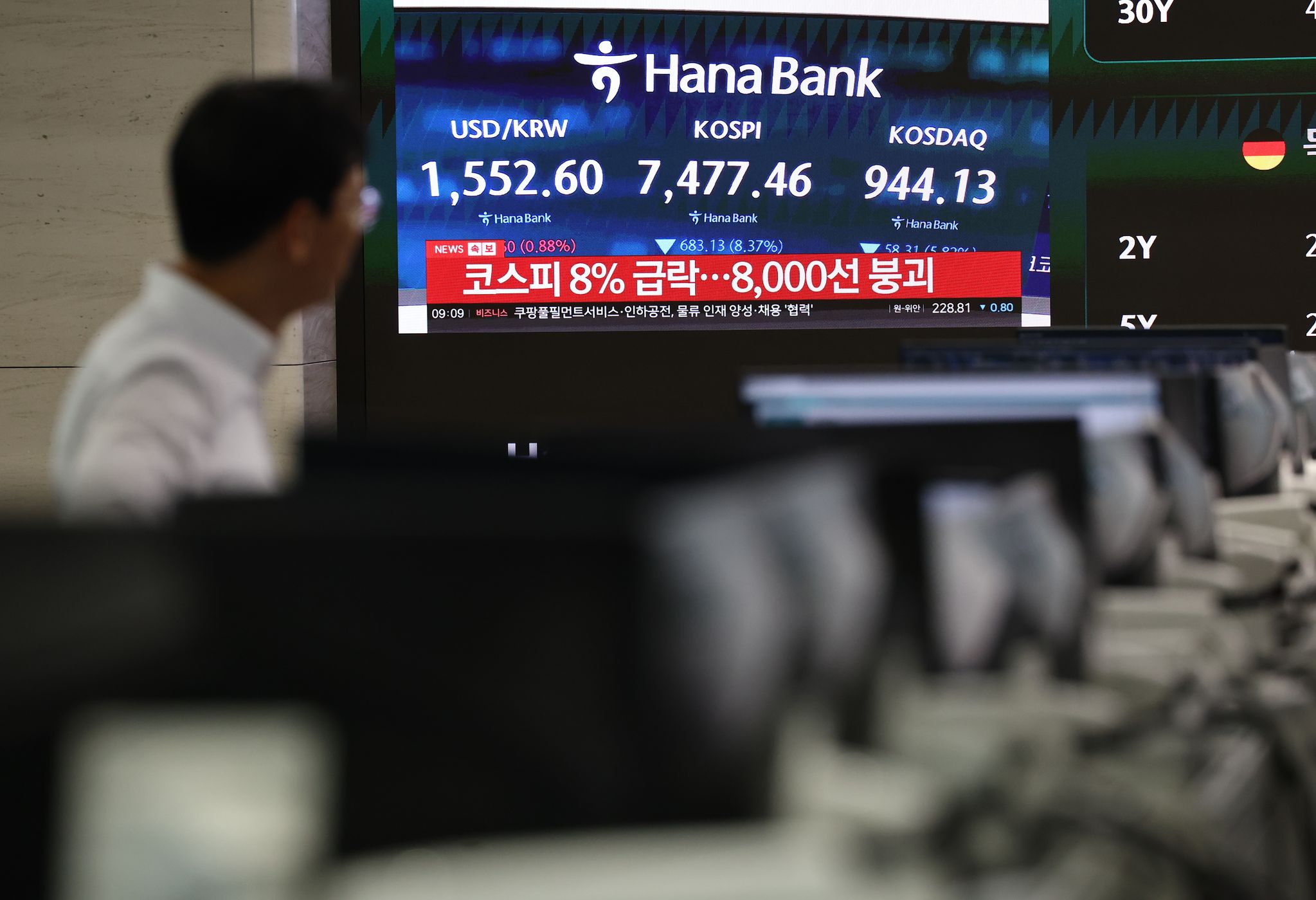 급락장에 코스피 서킷 브레이커가 발동된 8일 서울 하나은행 본점 딜링룸에서 관계자가 관련 방송을 보고 있다. 연합뉴스
